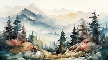 Watercolor painting of mountains and pine tree. Al generated illustrationの素材