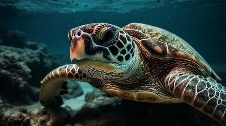 Sea turtle close up over coral reef. AI generated illustrationの素材