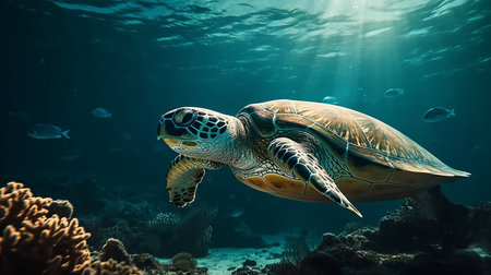 Sea turtle close up over coral reef. AI generated illustrationの素材