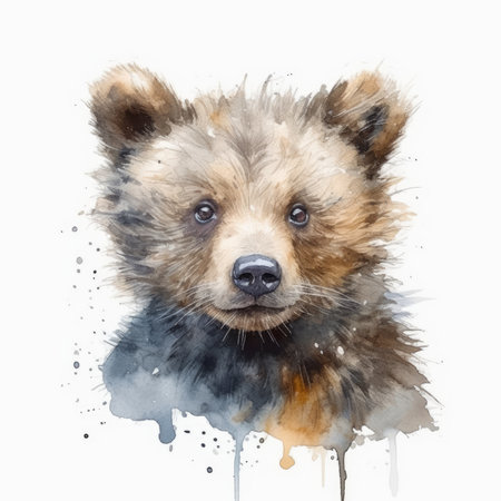Watercolor painting of a cute baby bear on white background. Al generatedの素材