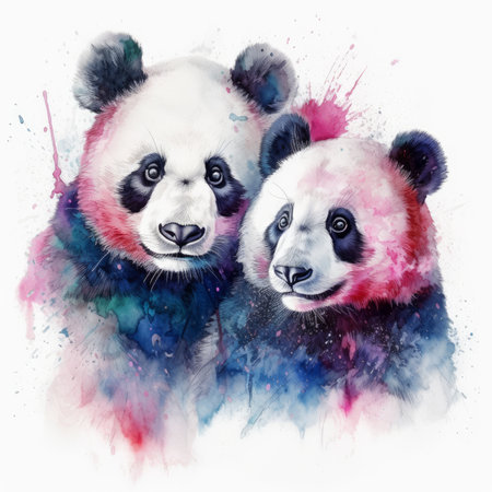 Watercolor painting of two pandas in love hugging on white background. Al generated illustrationの素材