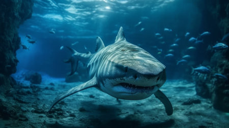 Great White Shark. Big Fish Predator Carcharodon Carcharias Majestic Aggressive Shark Deep Blue Sea Ocean Pacific Ocean. AI generated illustrationの素材