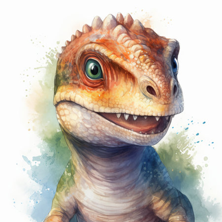 Watercolor painting of a cute baby dinosaur on white background. Al generated illustrationの素材
