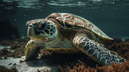 Sea turtle close up over coral reef. AI generated illustrationの素材
