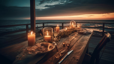 summer sea sunset. Romantic picnic on the beach. Bottle of wine, glasses, candles, plaid and pillows. selective focus. AI generated illustrationの素材