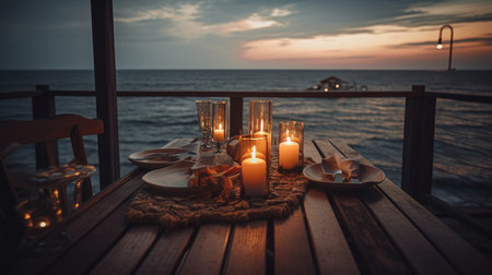 summer sea sunset. Romantic picnic on the beach. Bottle of wine, glasses, candles, plaid and pillows. selective focus. AI generated illustrationの素材