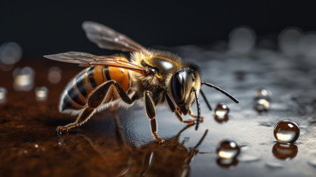 Bee on a honey drop realistic photorealistic close-up. Al generated illustrationの素材