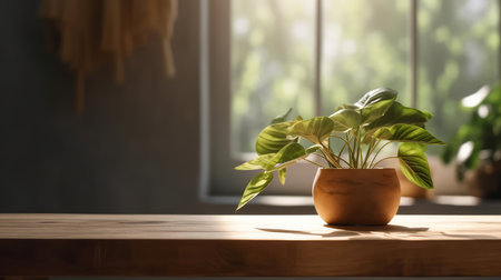 Wooden table on defocused spring window background. Al generated illustrationの素材