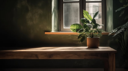 Wooden table on defocused spring window background. Al generated illustrationの素材