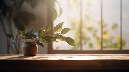 Wooden table on defocused spring window background. Al generated illustrationの素材