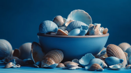 Abstract sea composition, seashells and seaweed summer background. Al generated illustration.の素材