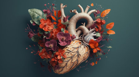 Abstract illustration of a heart with flowers and leaves. Al generated.の素材