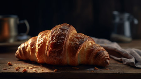 Croissant with coffee cup on dark background. Al generated illustration.の素材
