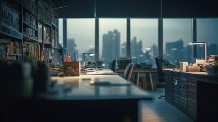 Modern office workstation with supplies and copy space on stylish table over blurred skyscraper night lights view in the background. Al generatedの素材