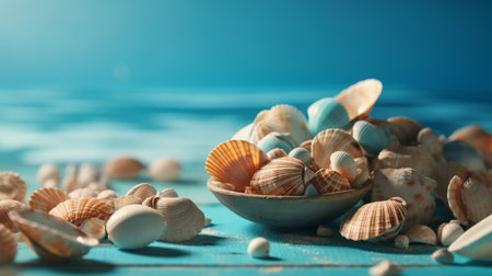 Abstract sea composition, seashells and seaweed summer background. Al generated illustration.の素材