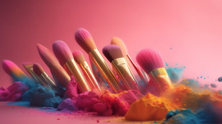 Colorful make-up brushes on pink powder background. Al generated illustrationの素材