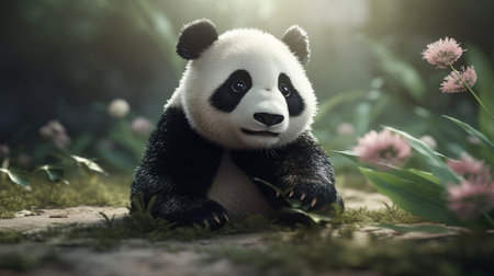 Super Cute little baby Panda bear in the forest. Funny small cartoon character with big eyes. AI generated illustration.の素材