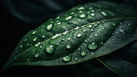Close-up of a green leaf with raindrops realistic. Al generated illustrationの素材