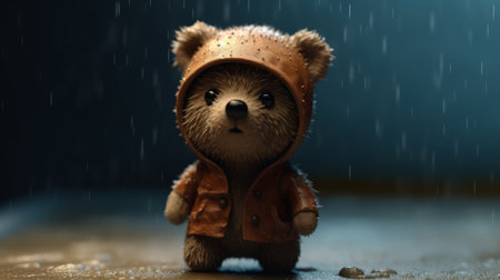 Realistic little cute baby bear doll character sitting on the ground isolated on background. AI generated illustrationの素材
