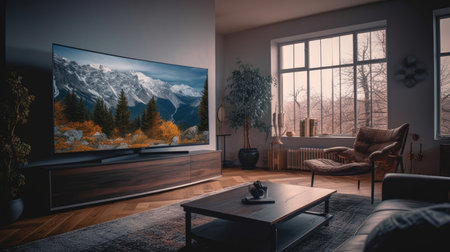 Elegant designed living room with big television screen. Al generated illustrationの素材