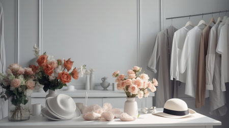 Minimalist room interior, a vase with flowers, a hat and womens clothes in light colors. Al generated illustrationの素材