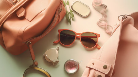 Fashion woman accessories on pastel background. Al generated illustrationの素材