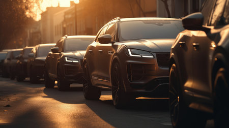 Close-up of the lane congested with lots of cars against the warm sunlight. AI generated illustrationの素材
