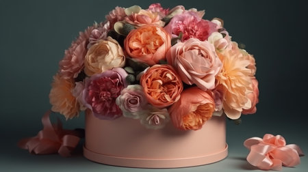 Luxury bouquet of peonies in a round stylish box in pastel color. Al generated illustrationの素材