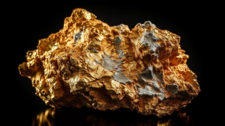 Luxury large gold nugget with a rough rocky look on a black background. Al generated illustrationの素材