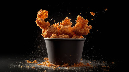 ?hicken basket, flying chicken nugets, isolated black background. AI generated illustrationの素材