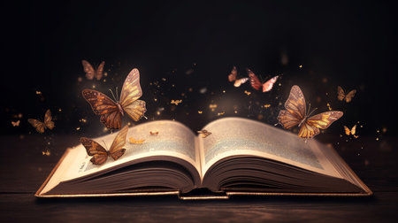Fairytale mystical open book with butterflies. Al generated illustrationの素材