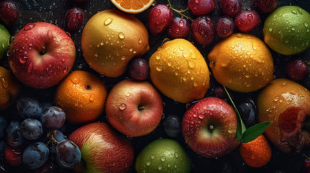 Juicy fruits top view background. Al generated illustrationの素材