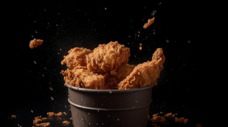?hicken basket, flying chicken nugets, isolated black background. AI generated illustrationの素材