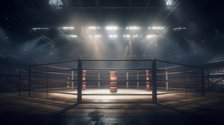 In the fighting cage. Interior view of sport arena. Al generated illustrationの素材