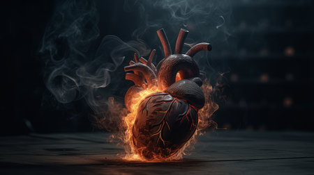 Beautiful heart made of fiery lava. An unusual gift for Valentine's Day. Flame symbol of love. AI generated illustrationの素材