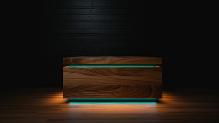 Neon colored glowing wooden podium. AI generated illustrationの素材