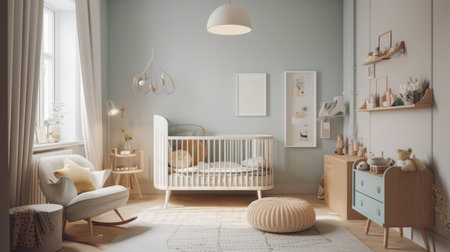 Modern minimalist nursery room in scandinavian style. AI generated illustrationの素材