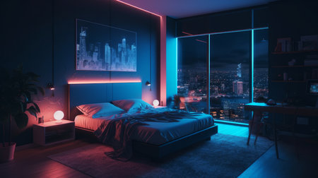 Living room interior with panoramic window at night time, dark apartment with futuristic neon city view, AI generated illustrationの素材