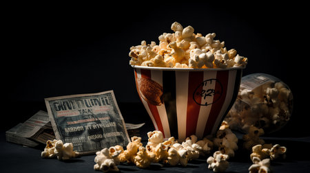 Popcorn Bag And Movie Ticket On Black Background. AI generated illustrationの素材