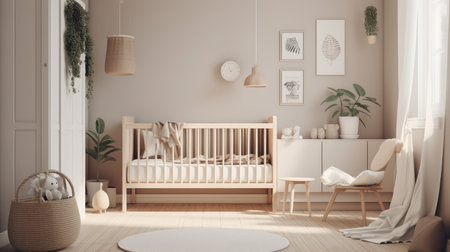 Modern minimalist nursery room in scandinavian style. AI generated illustrationの素材