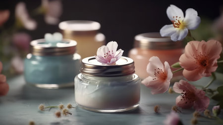 Natural organic eco cosmetics in open jars with bloom. Al generated illustrationの素材