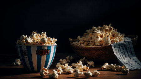 Popcorn Bag And Movie Ticket On Black Background. AI generated illustrationの素材