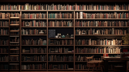 Rows of books on shelves in a library. Developing space. Al generated illustrationの素材