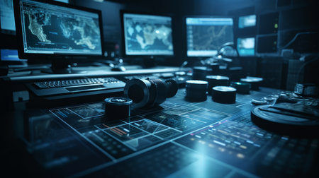 A computer room with multiple monitors and a display of data. AI generatedの素材