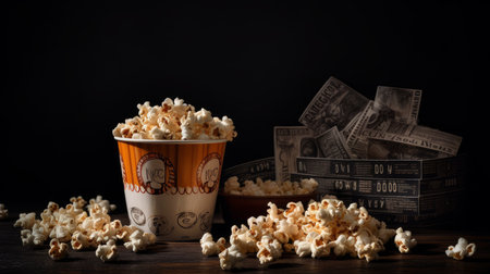 Popcorn Bag And Movie Ticket On Black Background. AI generated illustrationの素材