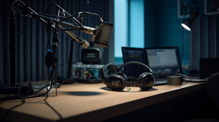 Professional microphone and sound mixer in radio station studio. AI generated illustrationの素材