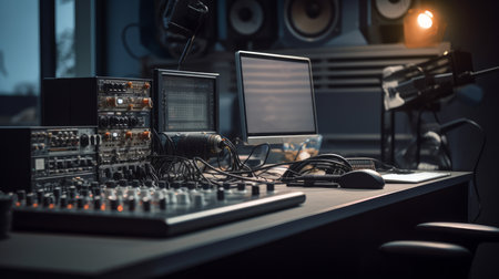 Professional microphone and sound mixer in radio station studio. AI generated illustrationの素材