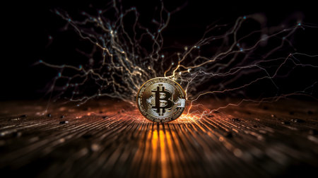 Cryptocurrency concept. Bitcoin close up. Al generated illustration.の素材