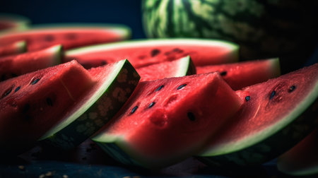 Watermelon on a dark background. Al generated illustration.の素材