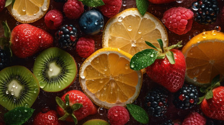 Juicy fruits top view background. Al generated illustrationの素材